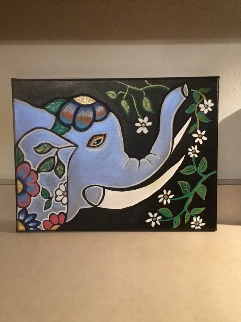 New, Lucky Blue hand painted Elephant on 12 X 16 Canvas